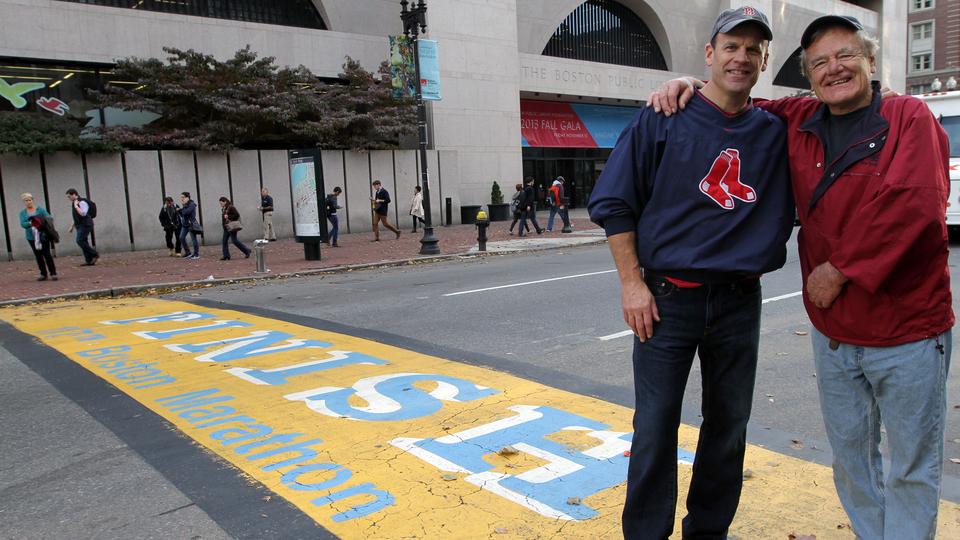 Todd Gothberg of Gettysburg, Pa., and his father Eric from Norway, Maine, from left, hit the Hub to celebrate the Red Sox. - in Boston, Friday, Nov. 1, 2013.    Photo by Chitose Suzuki Boston Herald See more at: 